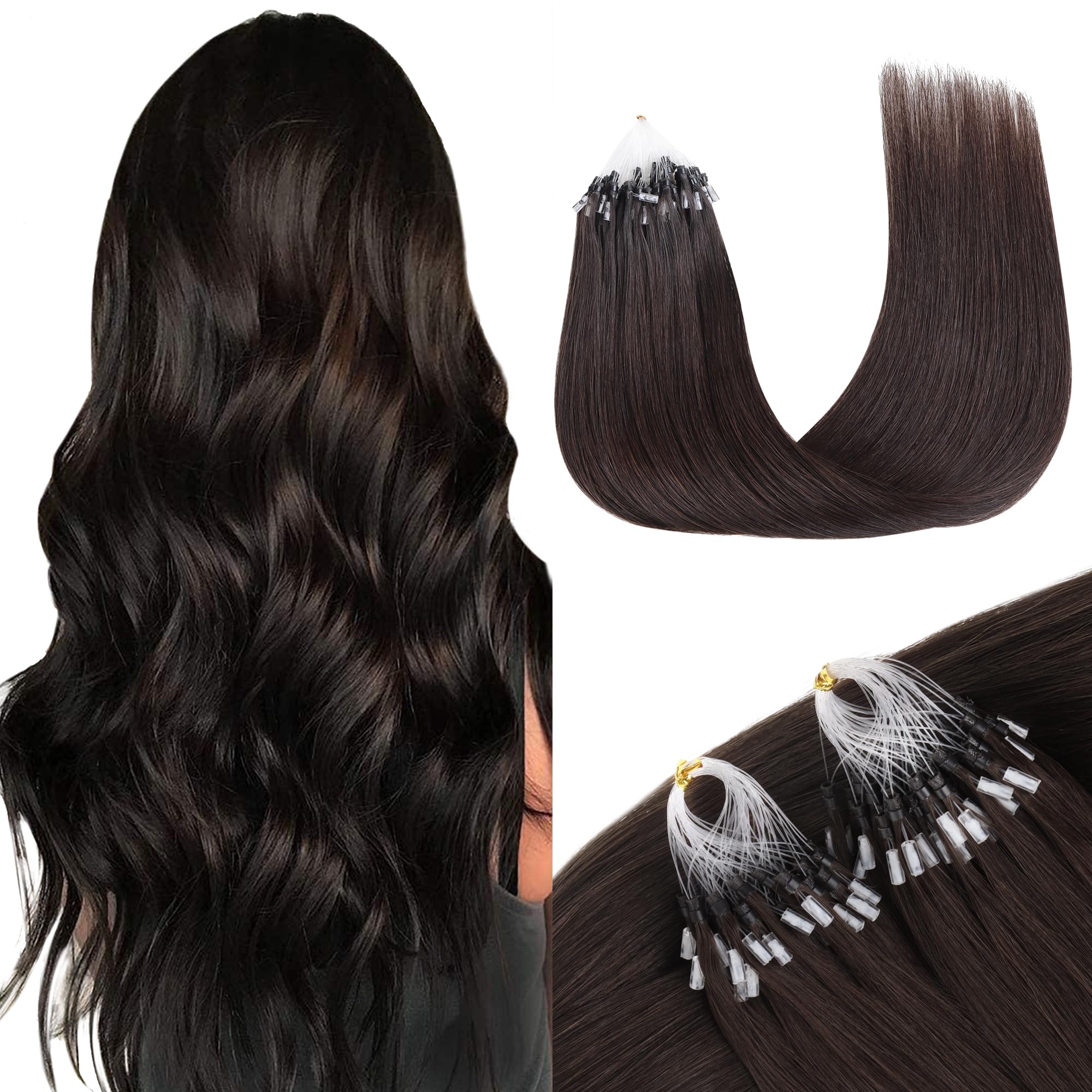 GOO GOO Micro Loop Hair Extensions Real Human Hair, Dark Brown 50g 16inch 50 Strands Cold Fusion Micro Bead Extensions — image 1