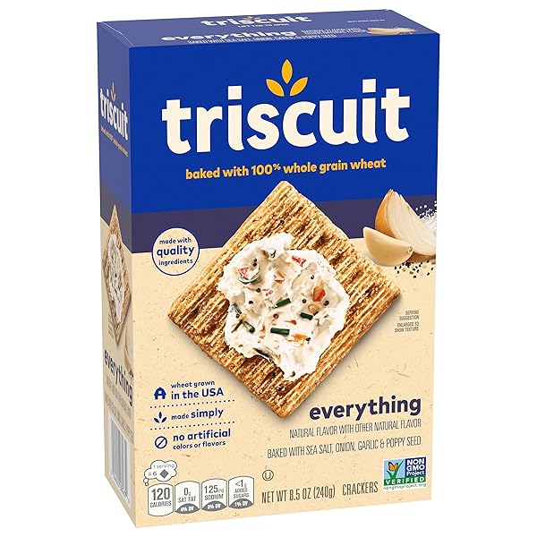 TRISCUIT EVERYTHING WHOLE GRAIN WHEAT CRACKERS, LUNCH SNACKS, SNACK CRACKERS, 8.5 OZ