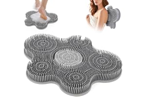 MABNUBY Shower Foot Scrubber Mat Silicone Back Exfoliating Cleaner, Feet Message Bath Washer Pad with Suction Cups for Wall Non-Slip - Itchy Toes Dead Skin Beauty Deep Clean Soft Bristles 14.2 * 11.2in Grey