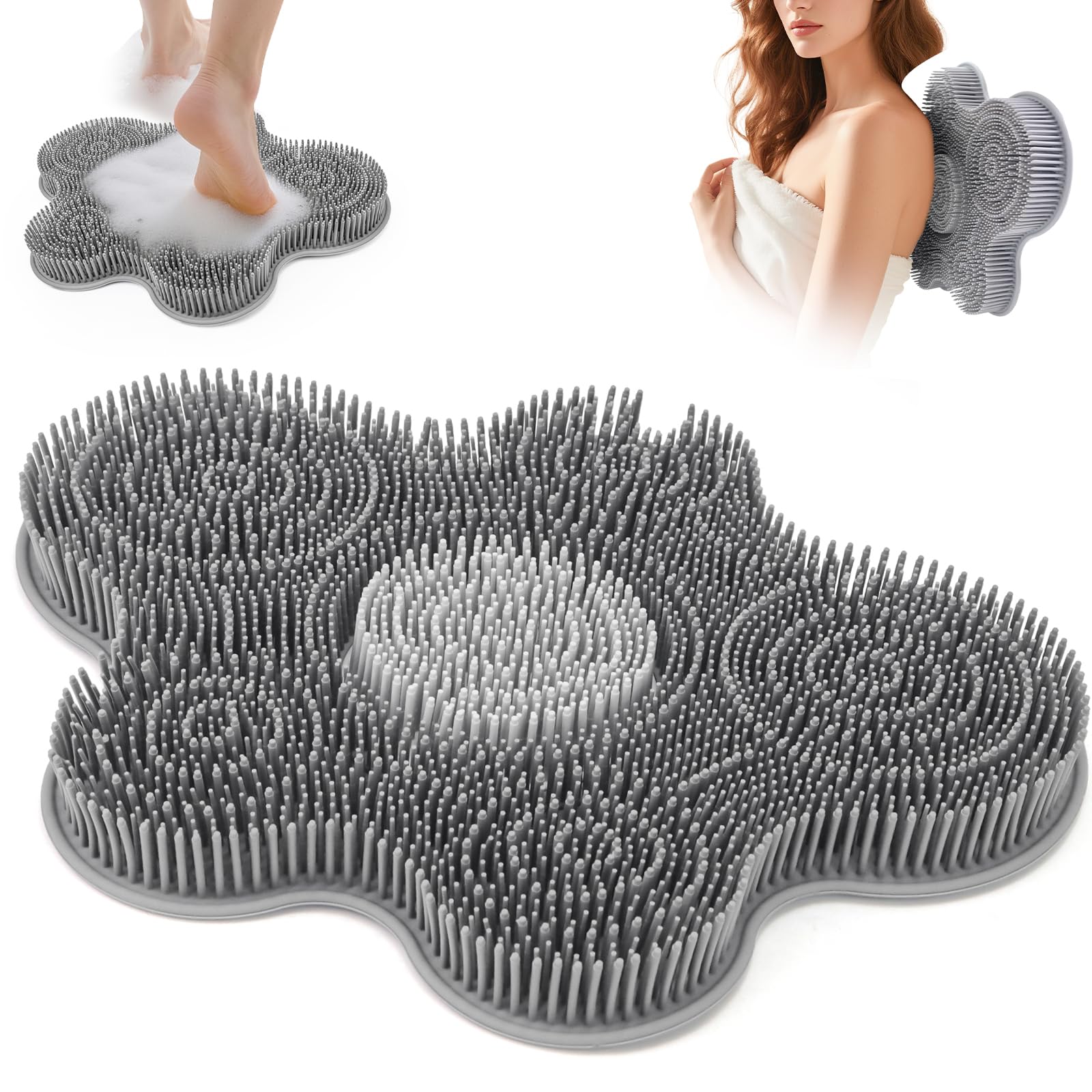 Photo 1 of Shower Foot Scrubber Mat Silicone Back Exfoliating Cleaner, Feet Message Bath Washer Pad with Suction Cups for Wall Non-Slip - Itchy Toes Dead Skin Beauty Deep Clean Soft Bristles 14.2 * 11.2in Grey