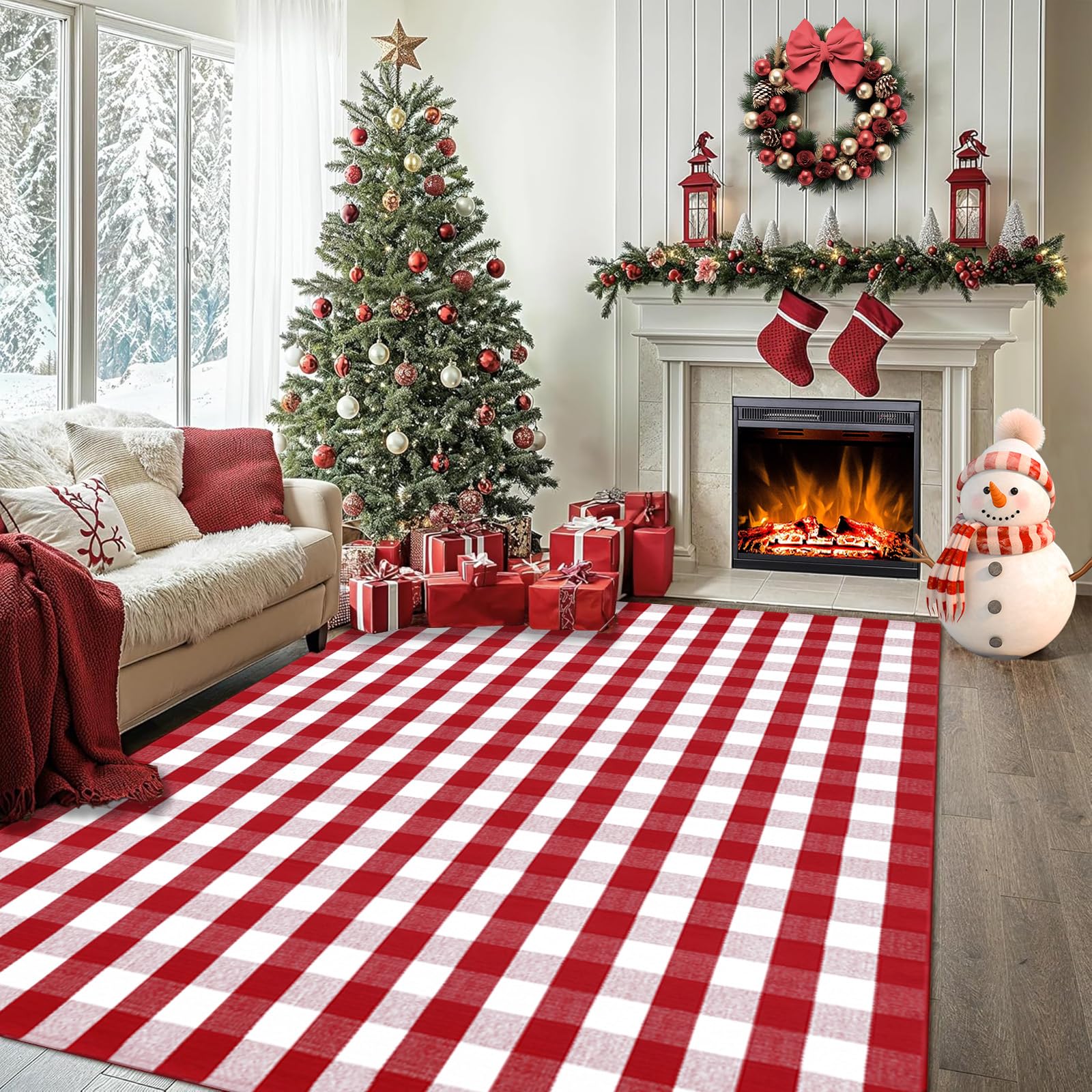 Christmas Red and White Plaid Rug 8x10 ft, Extra Large Cotton Hand-Woven Buffalo Check Area Rug for Living Room, Bedroom, Patio, Christmas Holiday Farmhouse Decor, Washable Outdoor Indoor Carpet Image