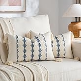 Fancy Homi Set of 2 Dusty Blue Vintage Lumbar Decorative Throw Pillow Cover 12x20 Inch for Couch Bed Sofa Chair Bedroom, Rustic Retro Square Cushion Case with Tassels, Coastal Boho Living Room Decor
