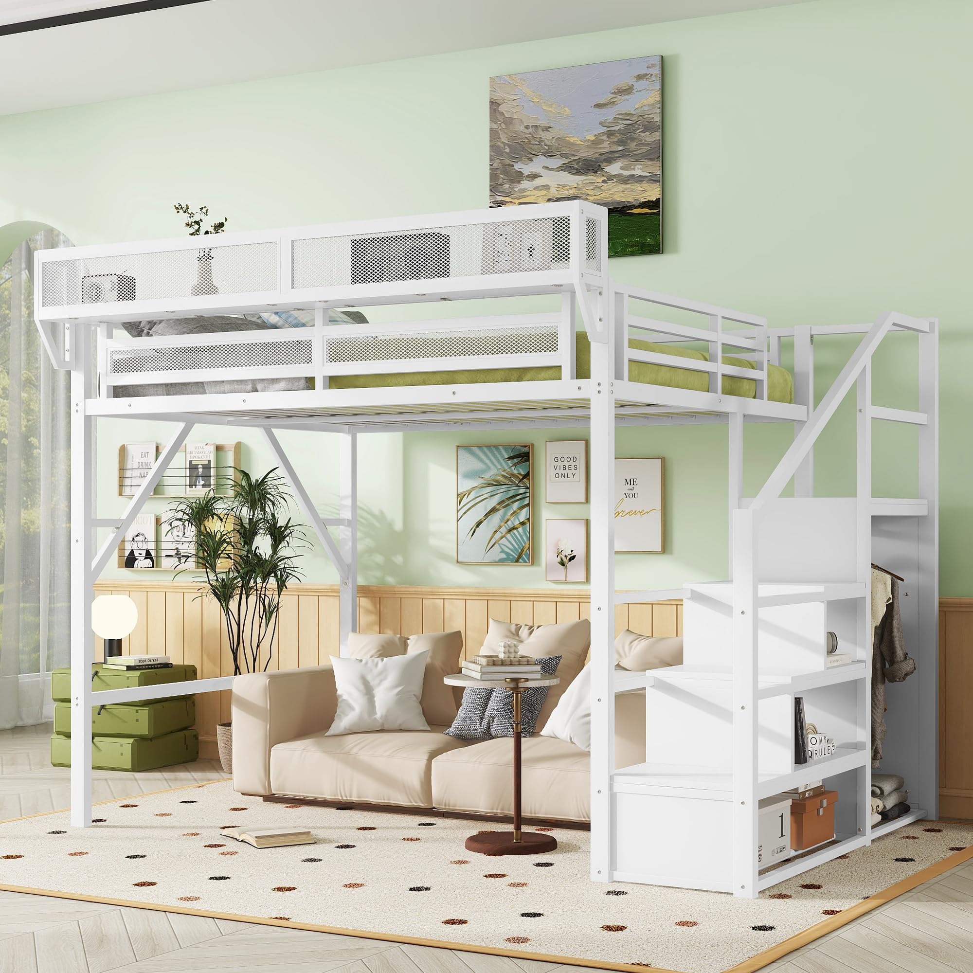 Photo 1 of **POSSIBLY PARTIAL SET BOX 1 OF 2/ MISSING ASSEMBLY PARTS** KEIKI Queen Size Metal Loft Bed Frame with Convertible Staircase, Built-in Storage Shelves and Wardrobe, Loft Bed with Solid Slats, Guardrail, No Box Spring Required, Easy Assembly, for Bedroom,