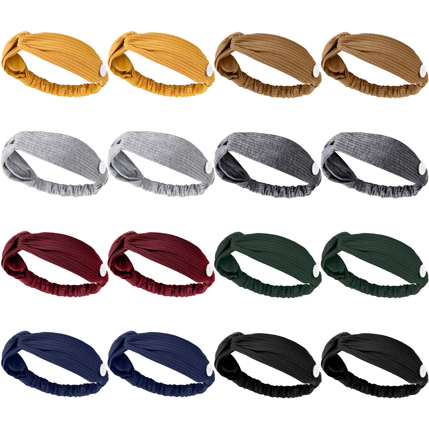 16 Pieces Button Headbands Cross Knotted Headbands Non Slip Nurse Headbands Stretchy Head Wrap with Ear Loop Holder Buttons for Women Girls Ears Protection (Classic Color Set)