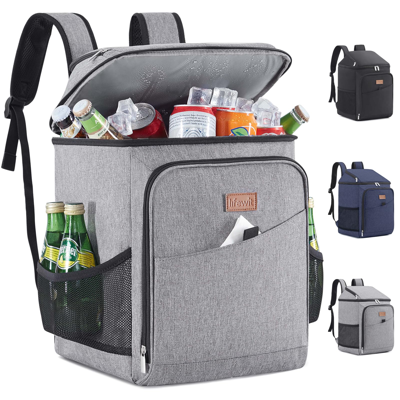 Lifewit 26L 34-Can Insulated Cooler Picnic Backpack Cool Bag, Large Picnic Bag Leakproof Portable Soft Food Cooler Box for Men Women for Outdoor, Picnic, Beach, BBQ, Camping, Travel, Family, Grey