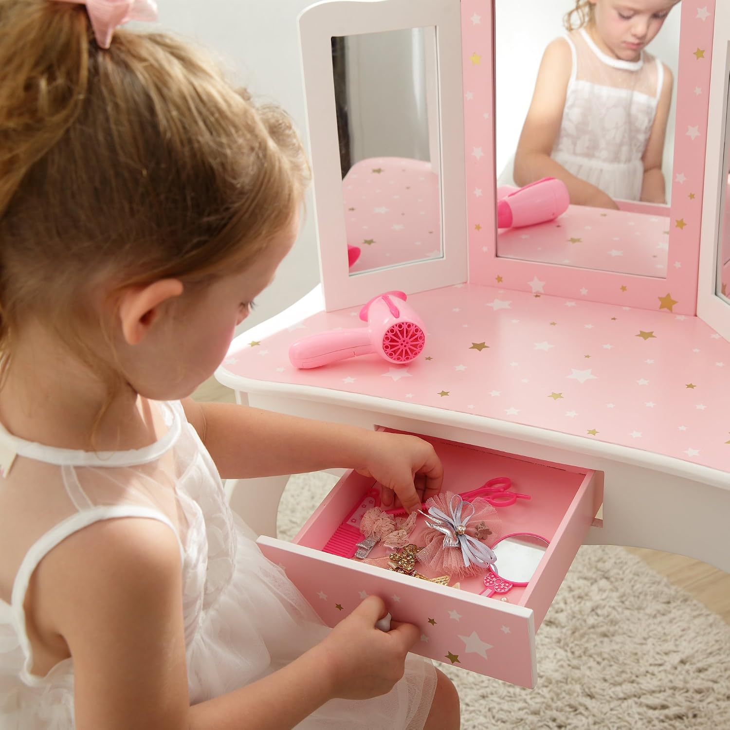 Teamson Kids Princess Gisele Twinkle Star Print 2-Piece Kids Wooden Play Vanity Set including Vanity Table, Tri-Fold Mirror - Image 4