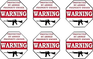 Rogue River Tactical No Trespassing Warning Security Sticker Protected by Armed Property 6 Pack Owner Sign Sticker Decal Window Door Indoor Outdoor 3x3 inch Gun