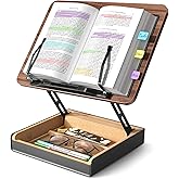 HUMANCOZY Book Stand with Storage, Book Holder for Reading Hands Free, Wooden Cookbook Stand for Kitchen Counter, Adjustable 