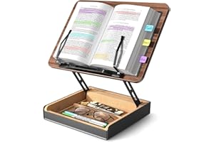 HUMANCOZY Book Stand with Storage, Book Holder for Reading Hands Free, Wooden Cookbook Stand for Kitchen Counter, Adjustable Reading Stand for Desk, Recipe Stand, Book Prop for Book Lovers