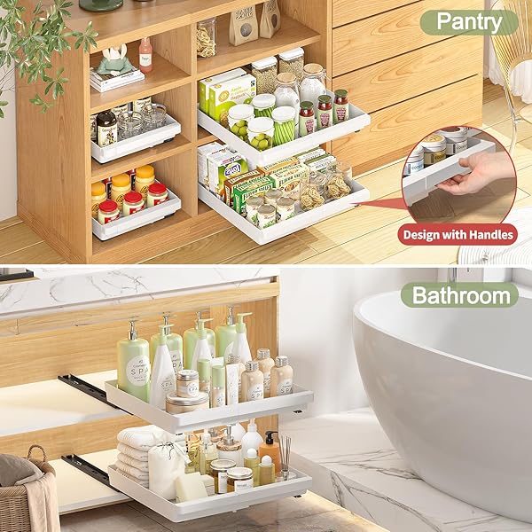 DOMNIU 2 PACK PULL OUT CABINET ORGANIZERS EXPANDABLE (13”-19”), PLASTIC SLIDE OUT DRAWERS FOR KITCHEN, BATHROOM, PANTRY, UNDER SINK STORAGE, PULL OUT DRAWERS FIXED WITH ADHESIVE NANO FILM (WHITE)
