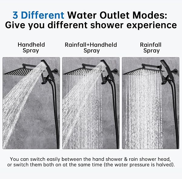 G-PROMISE ALL METAL 10 INCHES RAINFALL SHOWER HEAD WITH HANDHELD SPRAY COMBO, 3 SETTINGS DIVERTER, ADJUSTABLE EXTENSION ARM WITH LOCK JOINTS, 71 INCHES STAINLESS STEEL HOSE (MATTE BLACK)