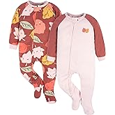Gerber Baby Girls Toddler Loose Fit Fleece Footed Pajamas 2-Pack, Pink Leaves, 4T