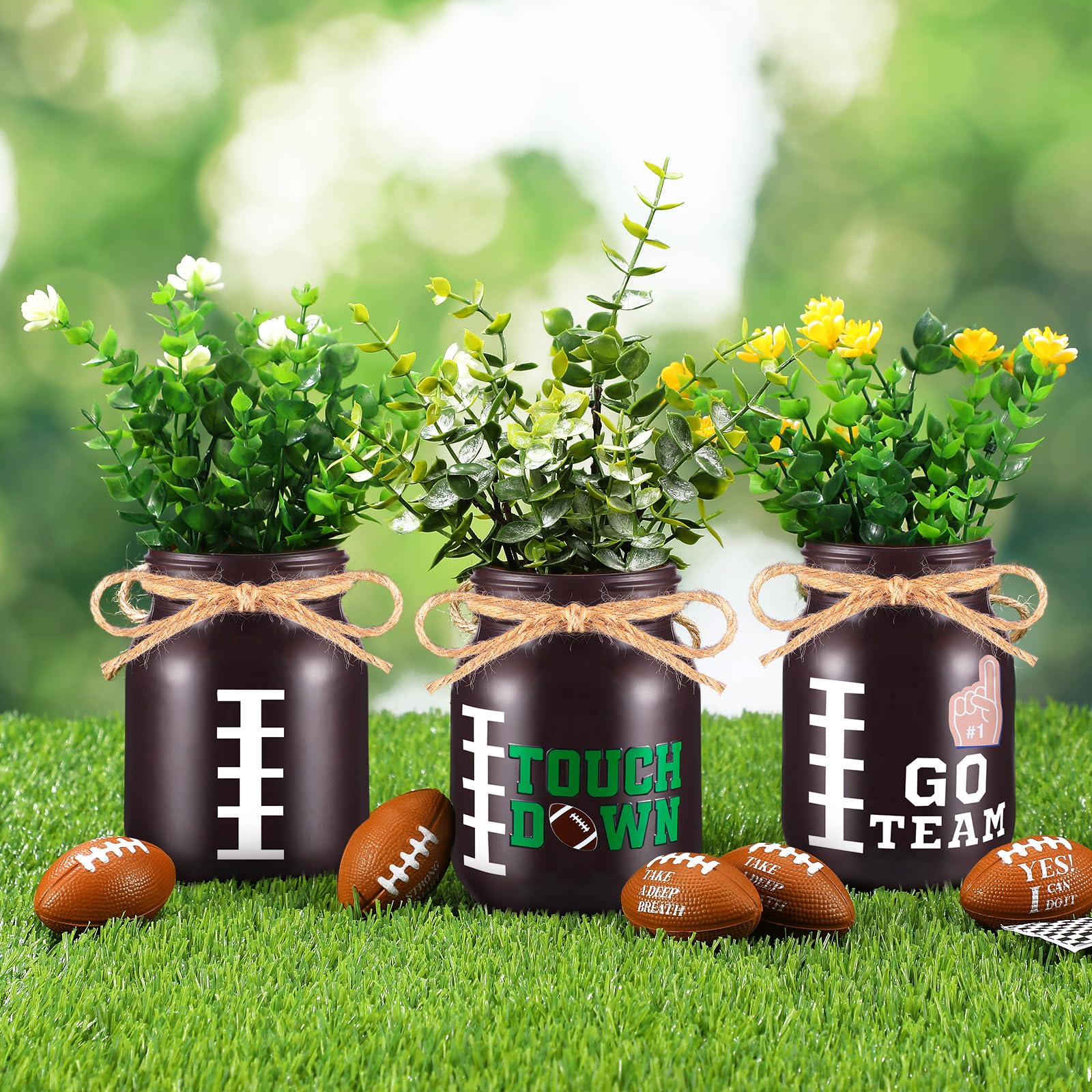 Photo 1 of Teenyyou 3 Pcs Football Decor Table Centerpieces Football Decoration for Home Vase Mason Jars Touch Down Rugby Day Table Decoration with Sticker for Sports Party Game Go Team Game Rustic Tabletop Desk