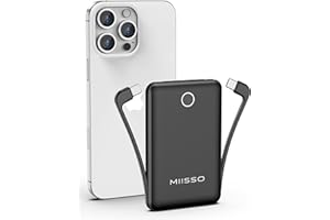 miisso 10000mAh Compatible with iPhone 15/16/17 and Android, Slim Portable Charger with Built in Cable, Power Bank Travel Charger External Battery Pack for Phone, 3 Output USB Type C Cord, Black
