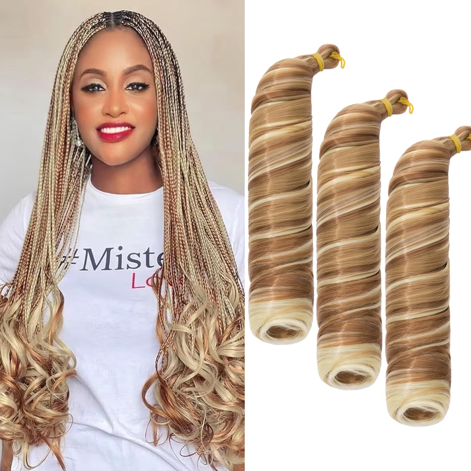 S-noilite French Curl Braiding Hair 24 inch 3 Pack Loose Wavy Spiral Curly Crochet Hair Deep Wave Synthetic Extensions Pre Stretched Bouncy Braiding Hair, Coffee Blonde mix Bleach Blonde Auburn