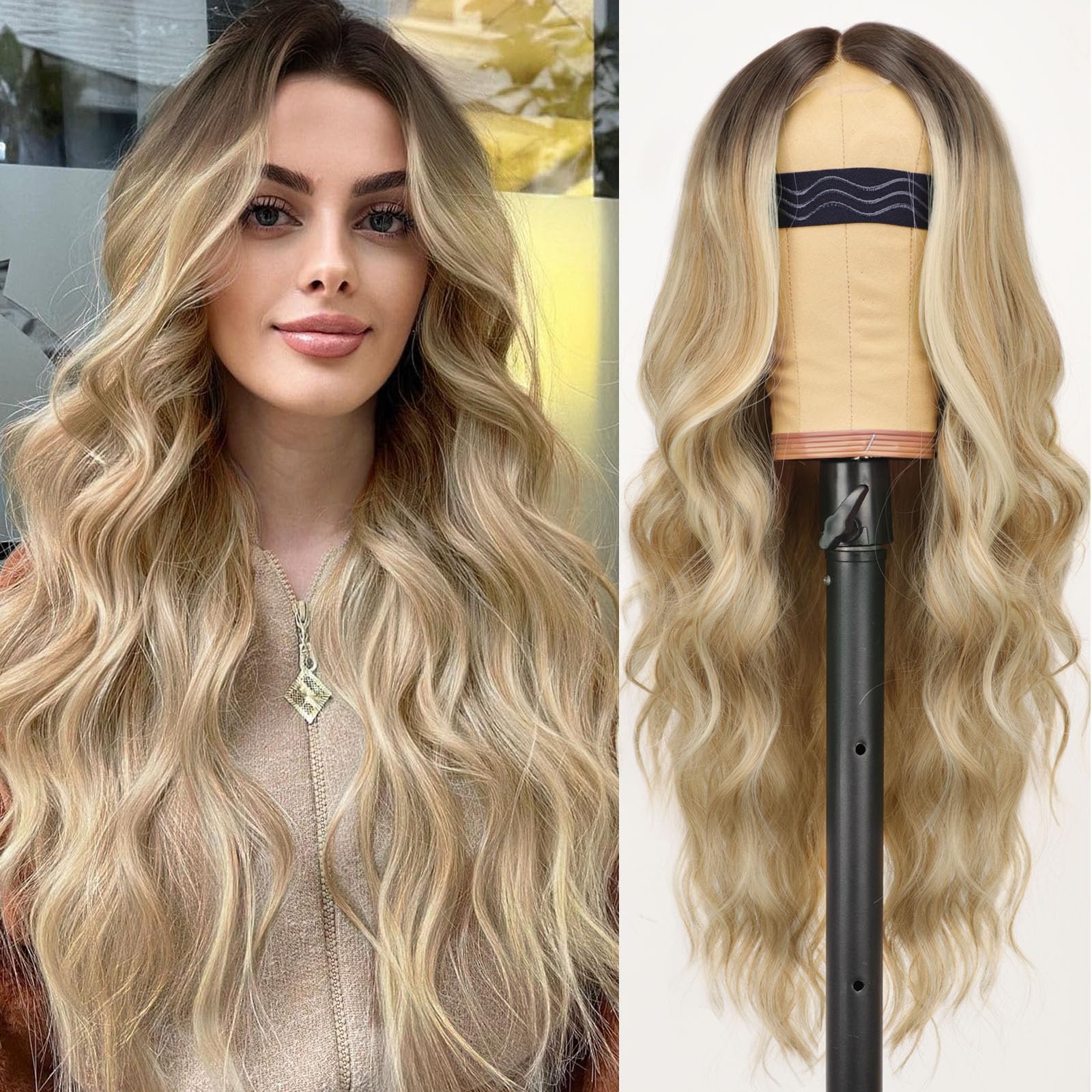 Photo 1 of AISI HAIR Honey Blonde Wig for Women, Long Wavy Lace Hairline Middle Part Synthetic Heat Resistant Wig for Daily Party-26 Inch