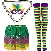 Syhood 6 Pcs Mardi Gras Costume Set, Sequined Tassels Tutu Skirt, Faux Feather Pattern Half Mask, Necklace and Long Socks