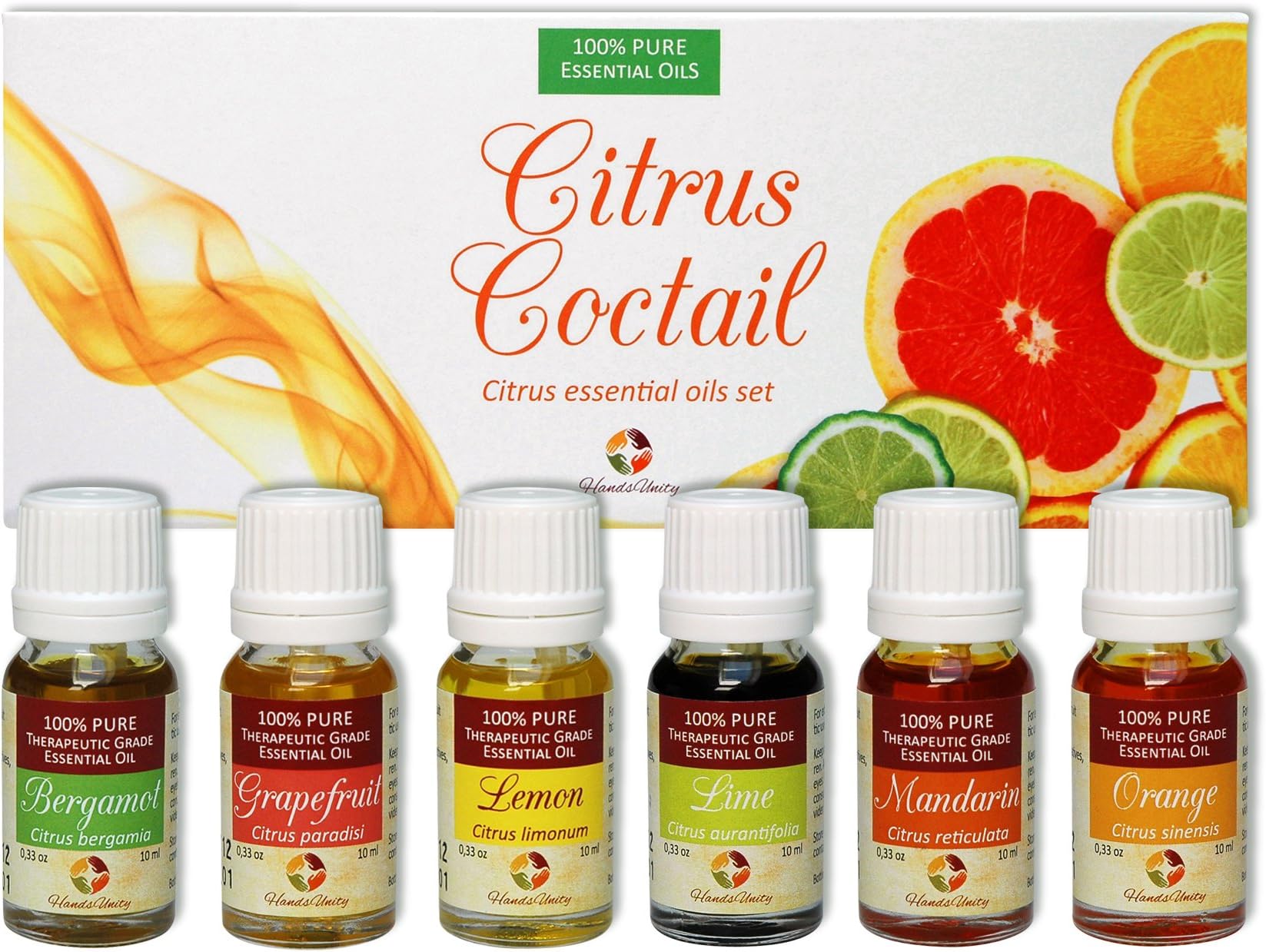 HandsUnity Citrus Essential Oils Gift Set, Italian Aromatherapy for Diffuser, Pure & Natural, Therapeutic Grade 6 pack by 10ml, Bergamot, Grapefruit, Lemon, Lime, Mandarin, Orange
