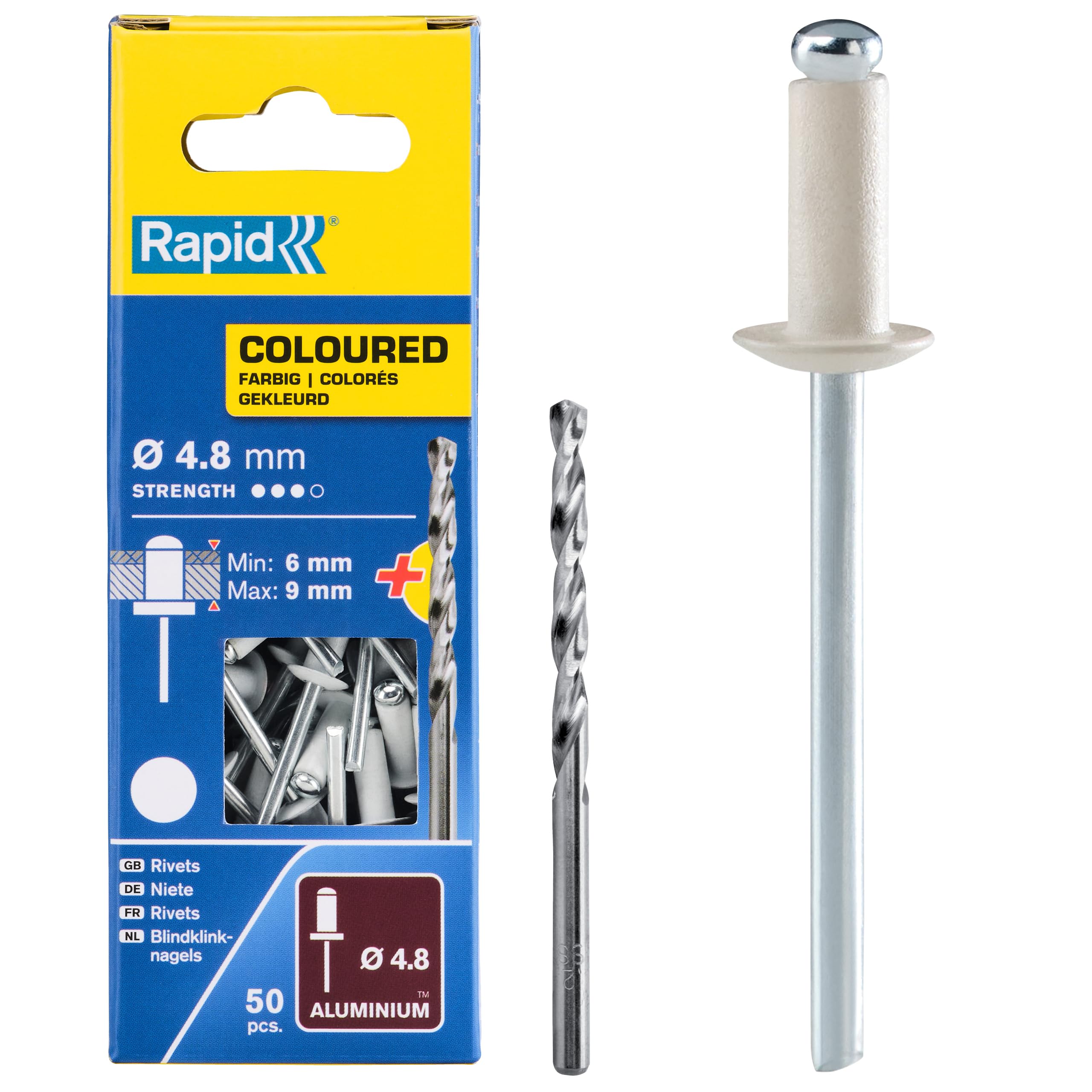 Rapid High Performance White Aluminium Rivets, Ø4.8 x 12 mm - 4mm Rivets for Gutters, Piping, and Sheet Metal - Includes Drill - 50 Pieces, Carton Boxed (5001468)