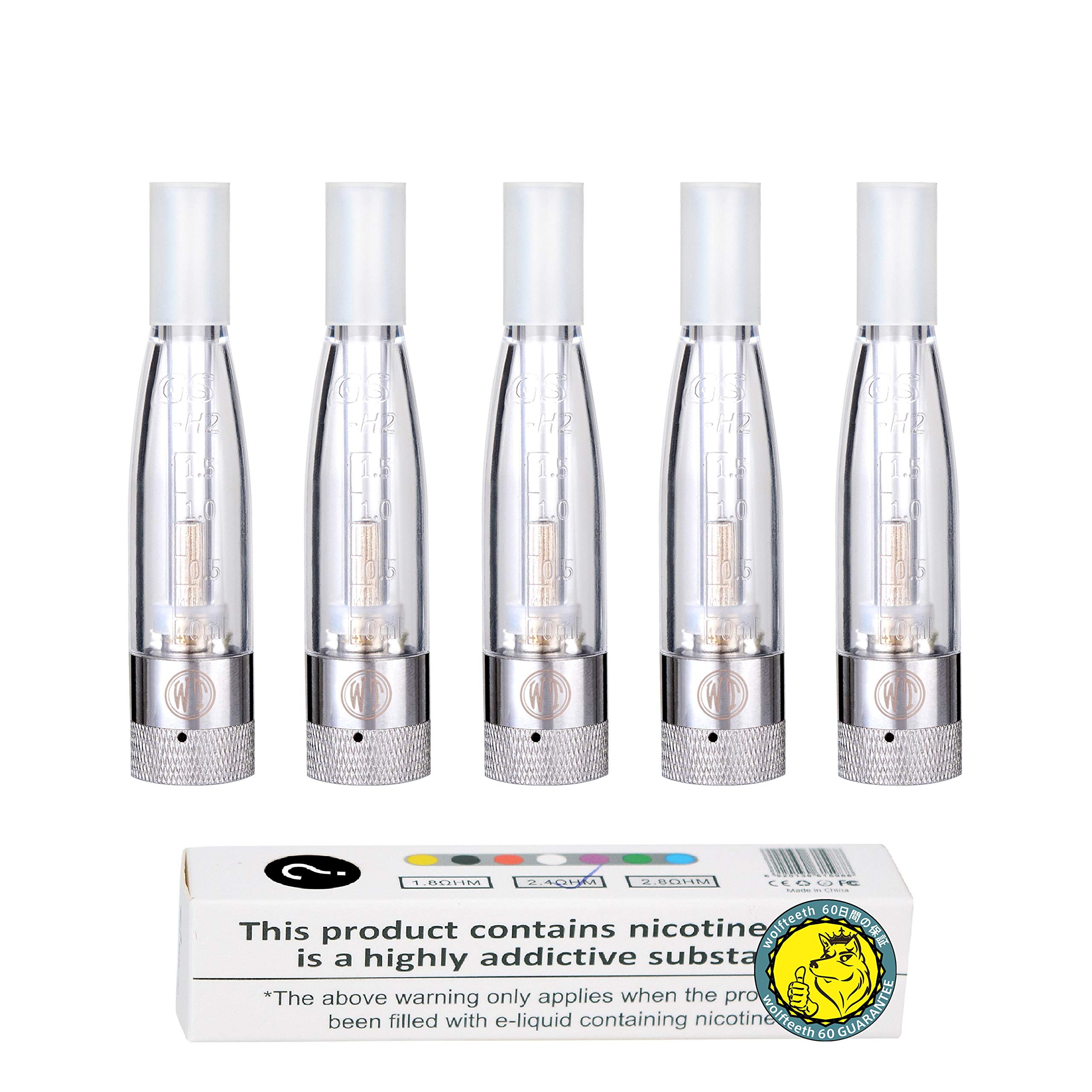 WOLFTEETH Genuine 5 X Electronic Shisha Pipe GS H2 Coil Clearomizer Ego T E Cigarette Vapor Atomizer Atomiser | 1.5ML | Replaceable Core | Transparent/Nicotine Free 111001