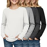 LessonZoo 4 Pack Girls' Cotton Shirts with Thumb Holes Long Sleeve Basic Crew Neck Tops Casual Lightweight Tees 5-14Y