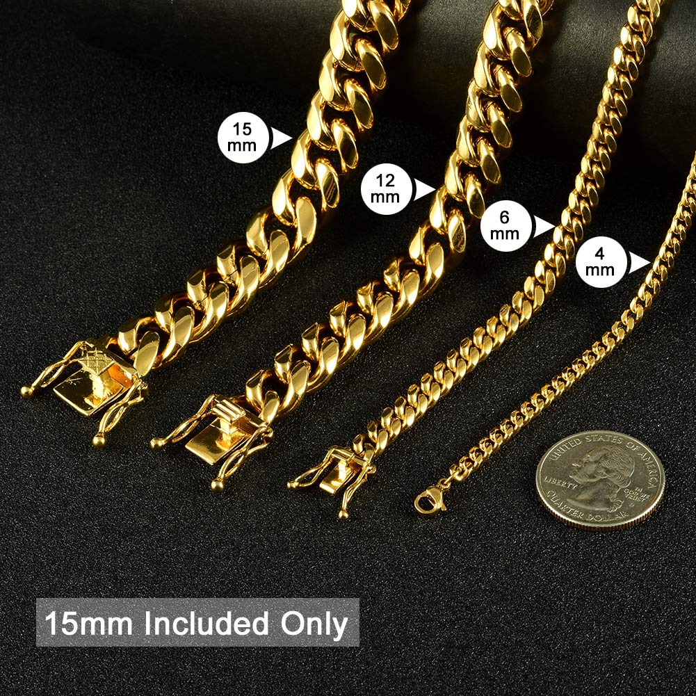 Jewelry Kingdom 1 Necklace and Bracelet for Men, 24K Gold Cuban Link Chain, Big and Heavy Miami Chain, 15MM Stainless Steel Curb Chain Choker for Boys and Bikers 8-30inches