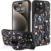 AIGOMARA for iPhone 15 Pro Max Case with Strap for Women Girls, Cute Floral Flowers Pattern, Soft Wirstband Kickstand Silicone Protective Cover, Black