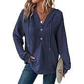 BLENCOT Hoodies for Womens Waffle Knit Button Long Sleeve Drawstring V Neck Casual Pullover Sweatshirts Hooded Blouses