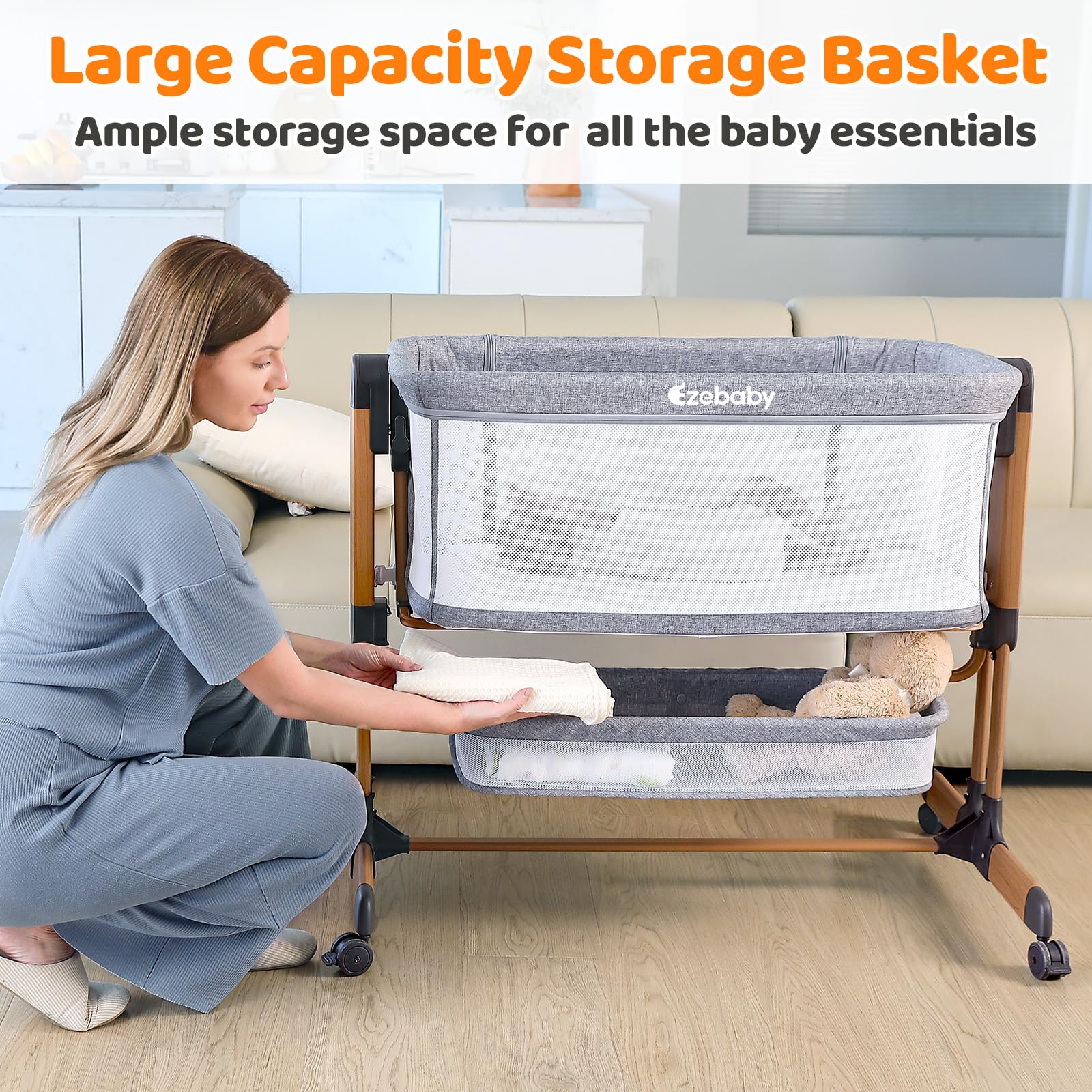Ezebaby 3-in-1 Rocking Bassinet for Baby Adjustable Baby Bassinets Bedside Sleeper with Wheels Storage Basket and Mesh Sides for Newborn Infant