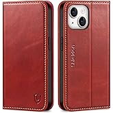 SHIELDON Wallet Case for iPhone 14 5G 2022, Genuine Leather Folio Case Magnetic Closure RFID Blocking Card Slots Kickstand Full Protection Cover Compatible with iPhone 14 (6.1 inch) - Retro Red