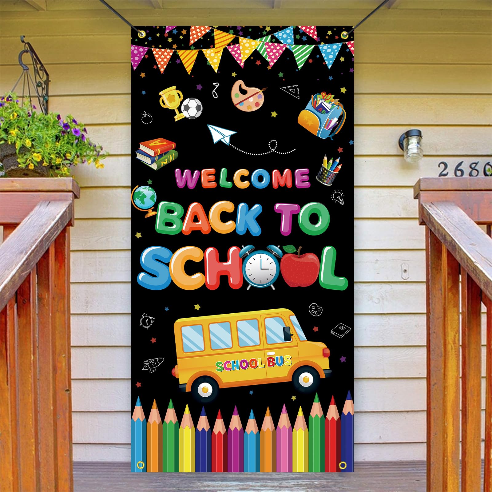 Photo 1 of ***5 PACKS INCLUDED***Back To School Banner Welcome Back To School Door Cover Backdrop Polyester Hanging Banner Front Door Porch Sign for First Day Of School Classroom Indoor Outdoor Decorations, 70.8 X 35.4inch***5 PACKS INCLUDED***