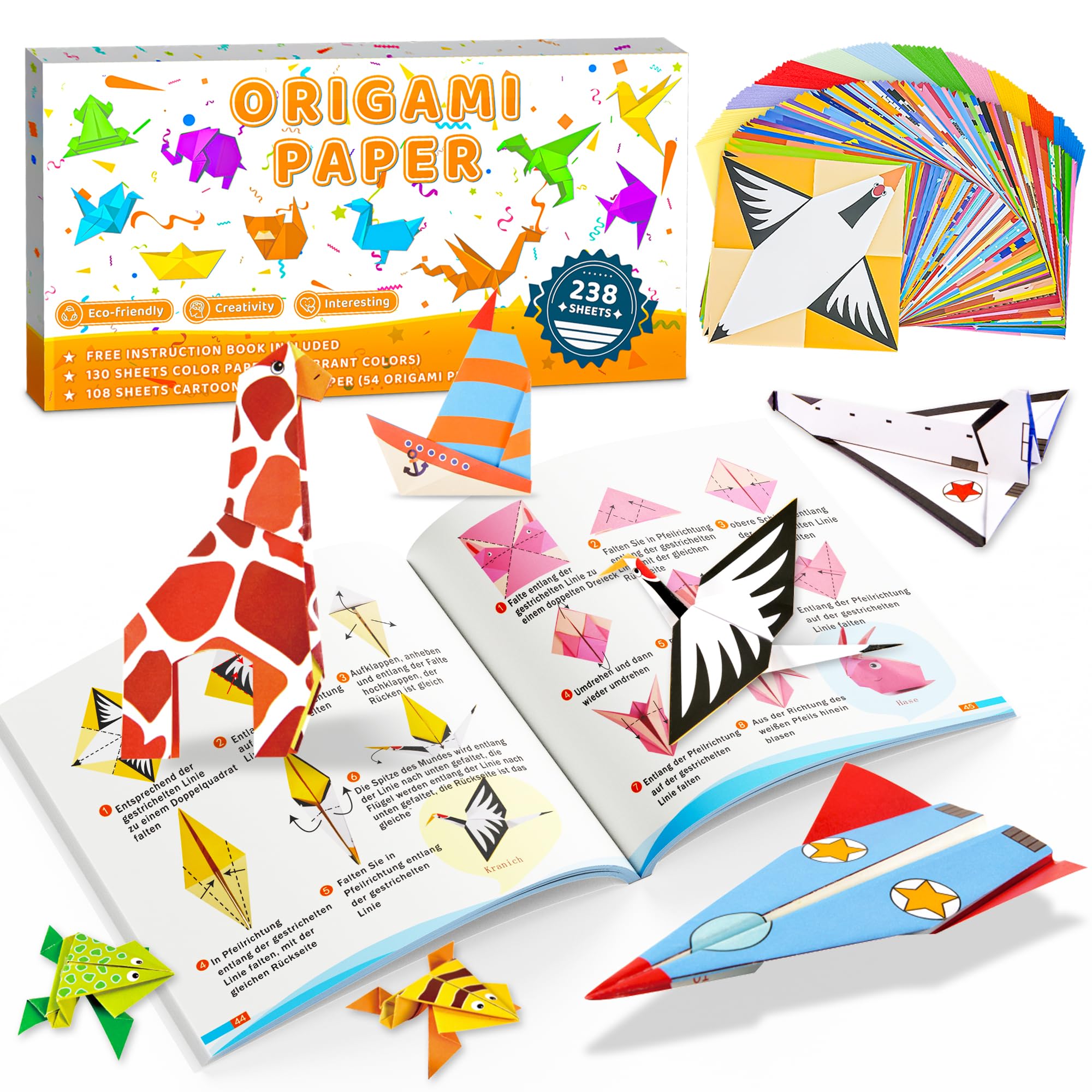 MOBYKE 238 Sheets Origami Paper, Oragami kit for Kids ages with 54 Patterns Projects, Double Sided Colored Blank Orgami Bulk Folding Book, Square Craft Patterned Papers Gift Set for Beginners Boy Girl