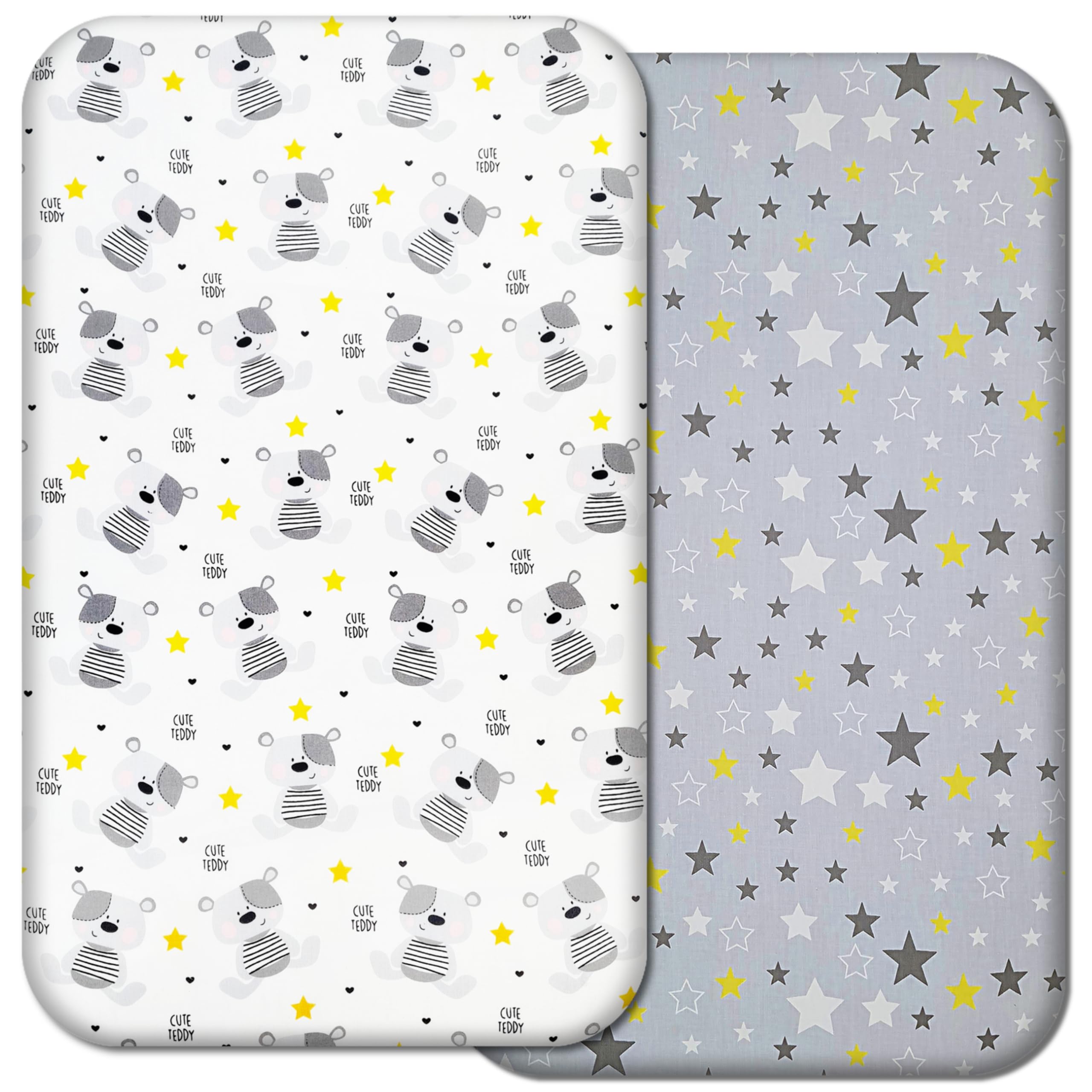 Next to Me Crib Sheets – 2pcs Fitted Baby Sheet Set 100% Organic Cotton Fitted Crib Sheets for Bedside Cribs – Made In Europe(83x50cm, Cute Teddy&Stars)