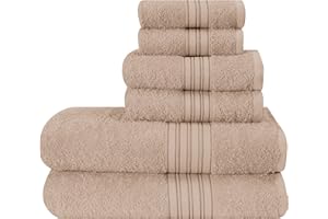 BOUTIQUO 6 Pack Cotton Towel Set, Contains 2 Bath Towels 28x55 inch, 2 Hand Towels 16x24 inch & 2 Wash Coths 12x12 inch, Ideal Everyday use, Ultra Soft Compact & Lightweight - Tan