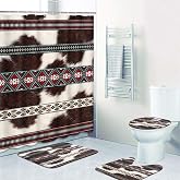 Bribay Bathroom Sets with Shower Curtain and Rugs, Set of 4 Cow Print Aztec | Vintage Cowhide Animal Bathroom Decor Set with Toilet Lid Cover, Non-Slip Bath Mats and Accessories 12 Hooks
