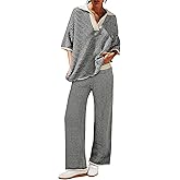 Tankaneo Womens Sweater Set Striped 2 Piece Outfits Oversized 3/4 Sleeve V Neck Knit Tops Wide Leg Pants Fall Lounge Sets