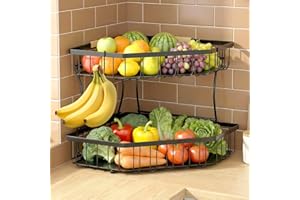 Tequie 2 Tier Fruit Corner Basket for Kitchen Counter - Detachable Metal Fruit Bowl with 2 Banana Hangers, Large Capacity Fru