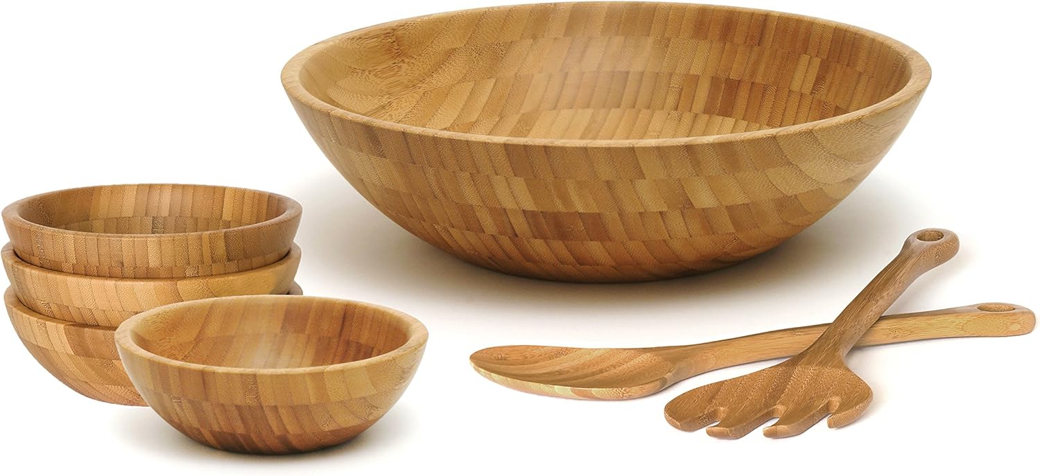 Lipper International 7Piece Bamboo Round Salad Bowl Set with Servers