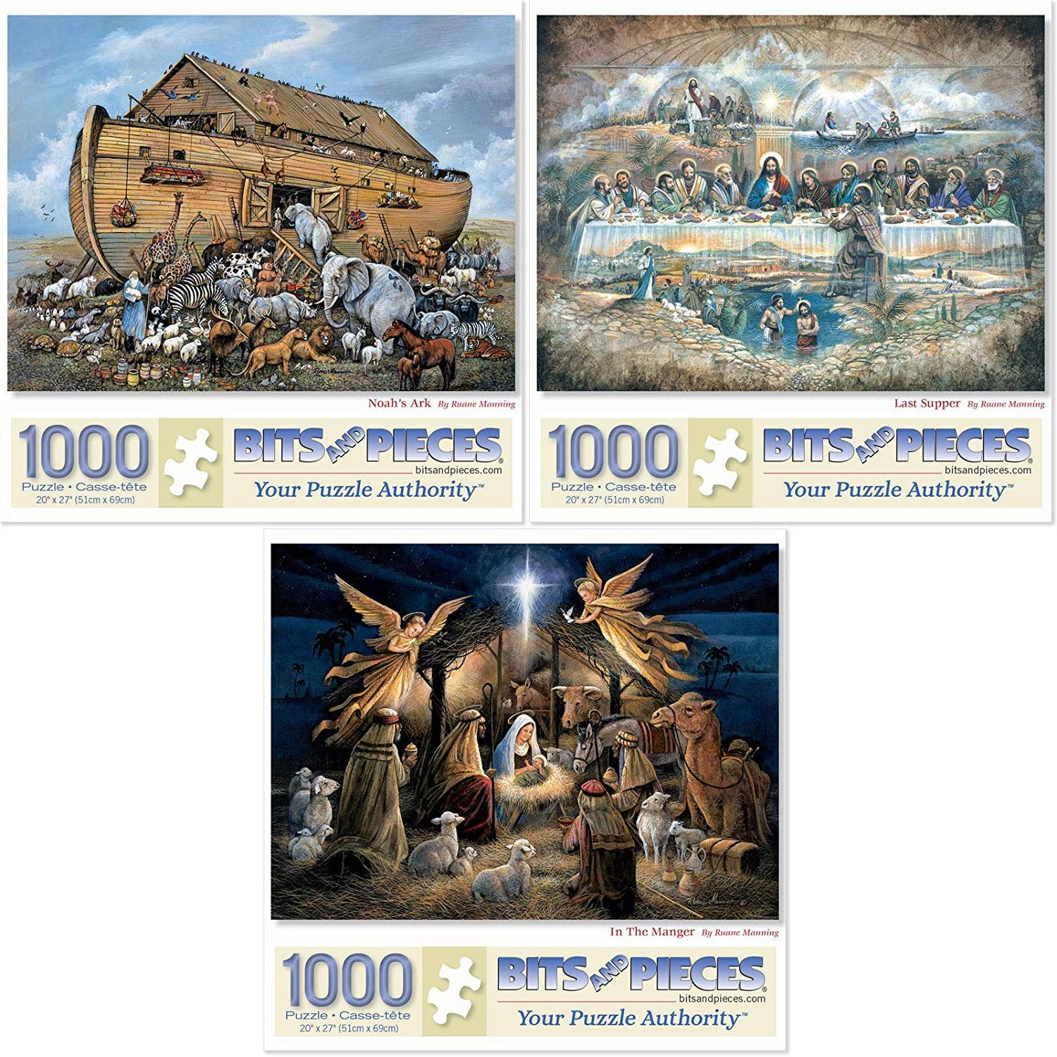 Bits and Pieces - Value Set of Three (3) 1000 Piece Jigsaw Puzzles for Adults - Each Puzzle Measures 51cm x 69cm - Last Supper, Noah's Ark, in The Manger Jigsaws by Artist Ruane Manning
