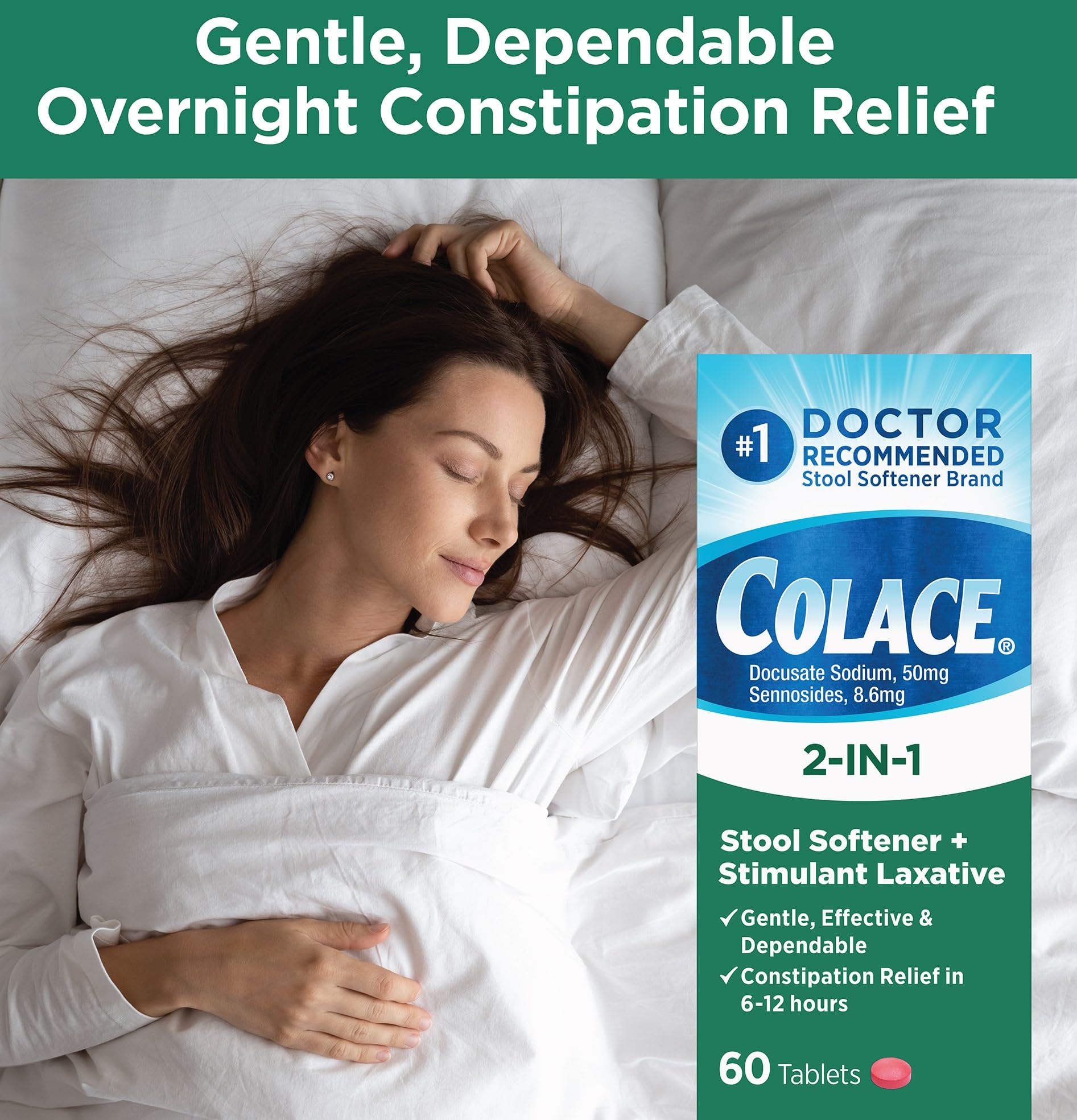 Colace 2-In-1 Stool Softener Plus Stimulant Laxative for Gentle Effective Constipation Relief, Docusate Sodium Plus Sennosides, 60 Count