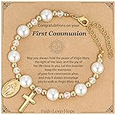 Fervia Easter Basket Stuffers - Catholic Gifts Virgin Mary Cross Rosary Pearl Bracelet for Girls Women Confirmation First Communion Baptism Religious Christian Jewelry Gift