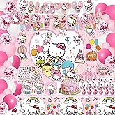 Kids Birthday Party Decorations Set - Pink Cartoon Theme Party Supplies (Includes Banner, Foil Balloons, Printed Balloons, Tablecloth, Tableware, Napkins)