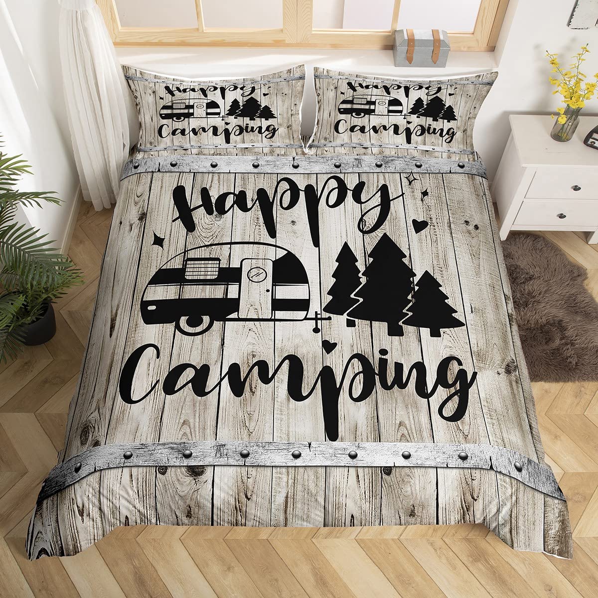Farmhouse Style Duvet Cover Double for Girls Boys Kids Old Wood Jungle Adventure Bedding Set Bedspread Cover RV Camper Happy Camping Comforter Cover with 2 Pillow Sham Zipper Ultra Soft Microfiber