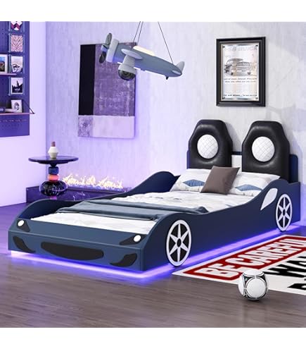 Amazon.com: DERCASS Race Car-Shaped Platform Bed with LED and