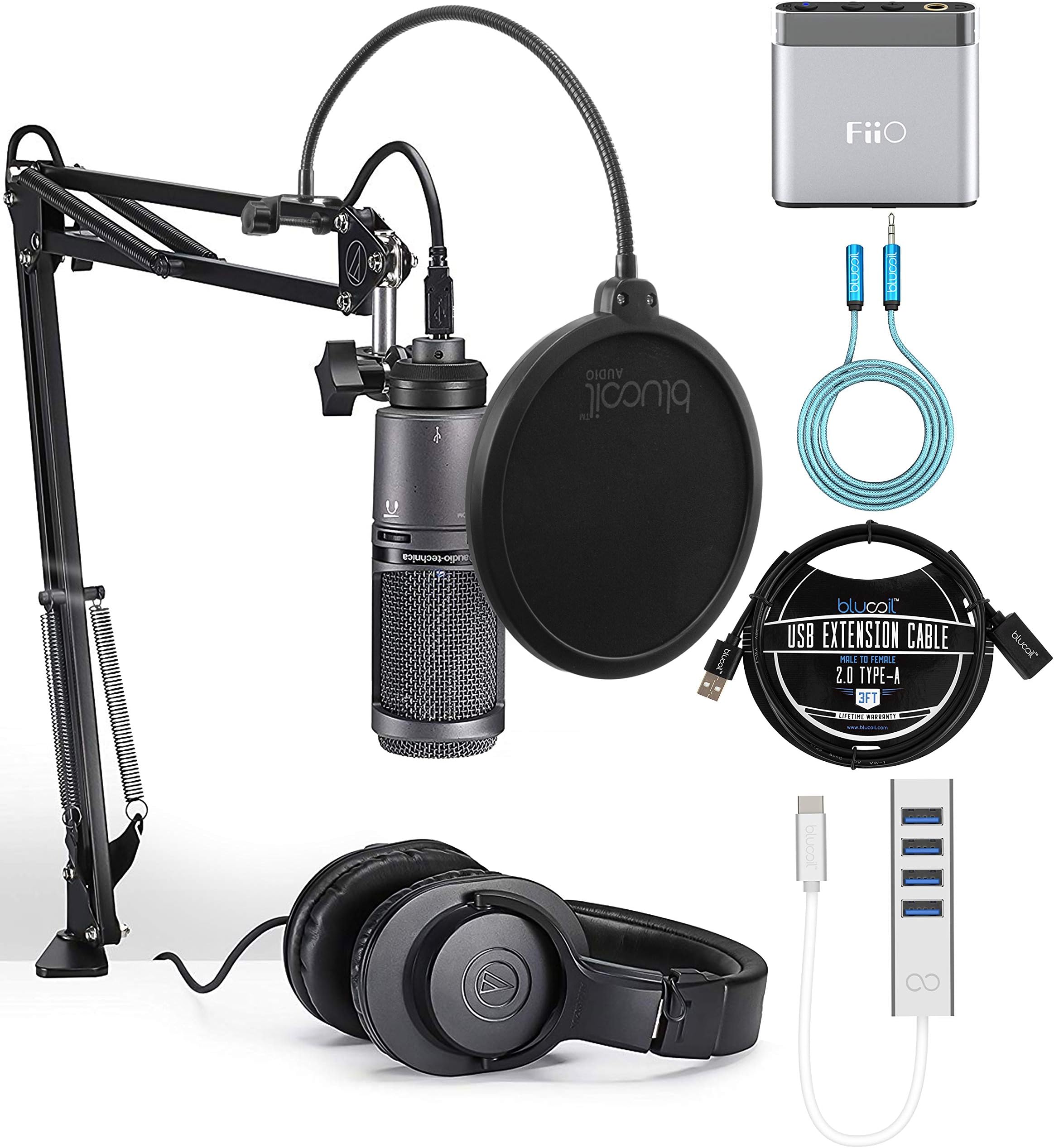 Audio Technica AT2020USB+PK Vocal Microphone Pack for Streaming Bundle with Blucoil USB-C Hub, Pop Filter, 5X Cable Ties, 3' USB Extension Cable, 6' 3.5mm Extension Cable, and FiiO A1 Headphone Amp