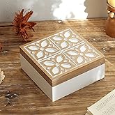 Synovana Small Wooden Keepsake Box - Decorative Handmade Rustic Trinket Boxes with Hinged Lid, Flower Carved Design, 7.1" x 7.1" x 3.2"