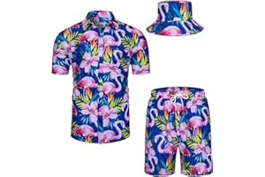 TUNEVUSE Mens Hawaiian Shirts and Shorts Set 2 Pieces Tropical Outfit Flower Print Button Down Beach Suit with Bucket Hats