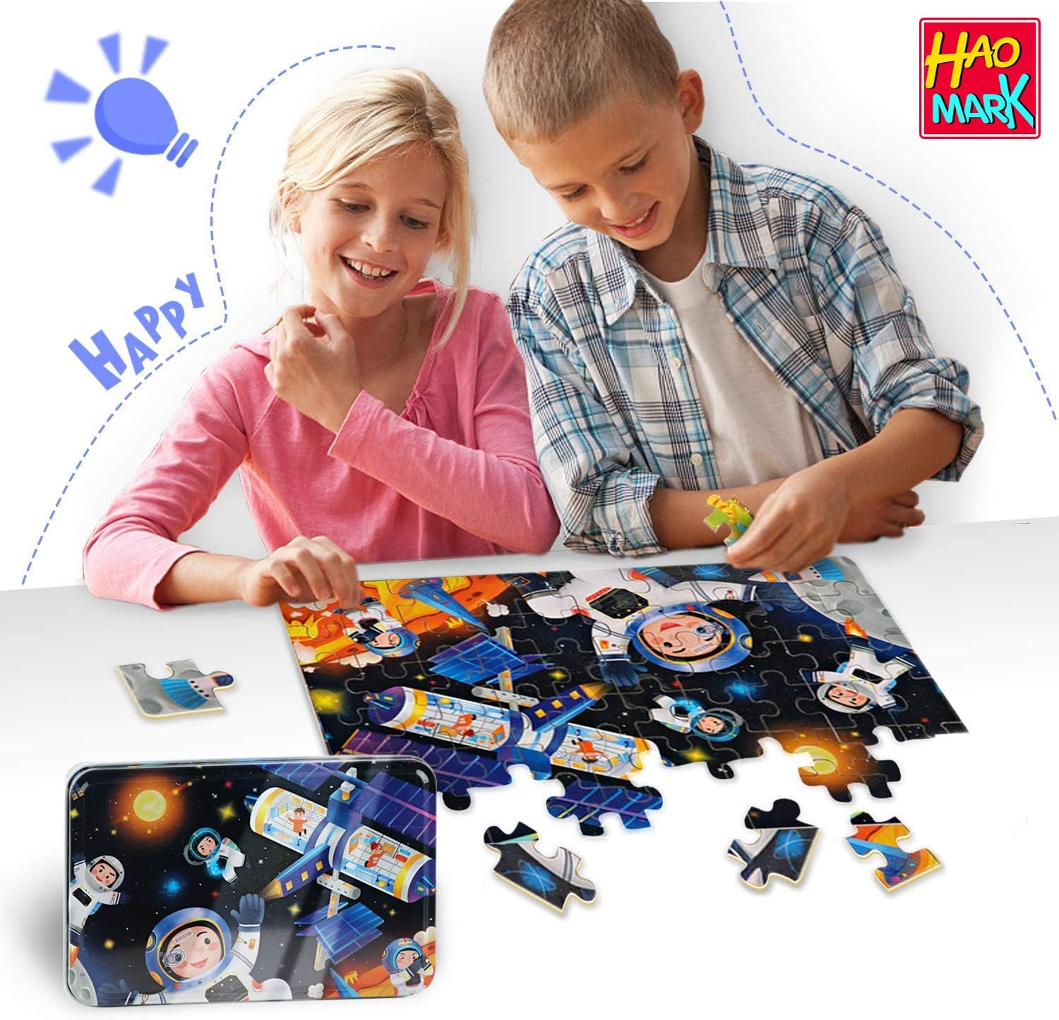 HongMe Wooden Jiasaw Puzzles with a Storage Box for Kids Ages 4 5 6 7 8,Beautiful Artwork 60 Pieces Puzzles, Finished 9''x 5 1/2''- Solar System