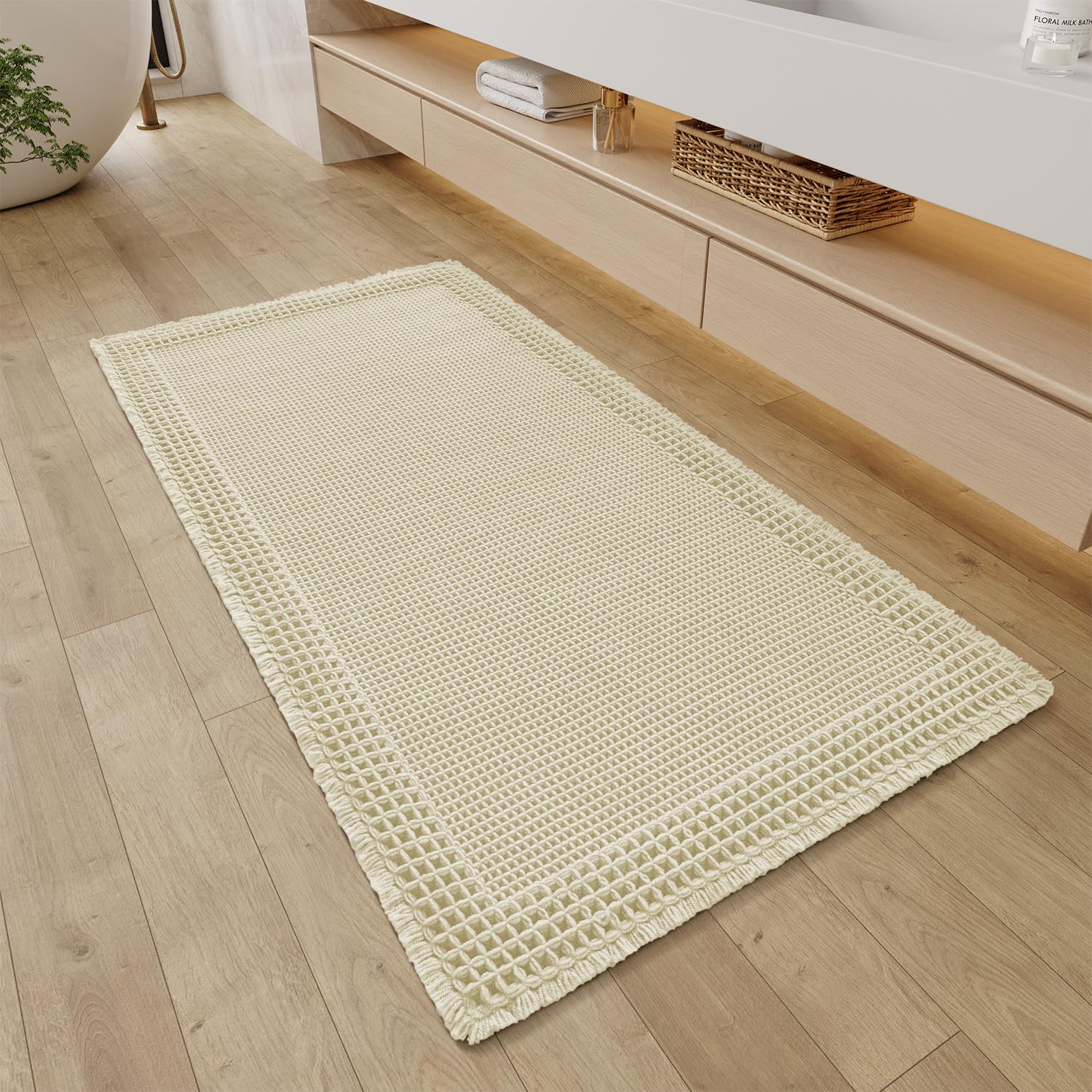 Photo 1 of RESARE Waffle Bathroom Runner Rugs, Super Absorbent Bath Mat Non Slip Washable Quick Dry, Ultra Soft Quick Dry Boho Bath Rugs with Tassels for Hallway Bedroom Laundry Room, 2'x4'(24"x48"), Cream