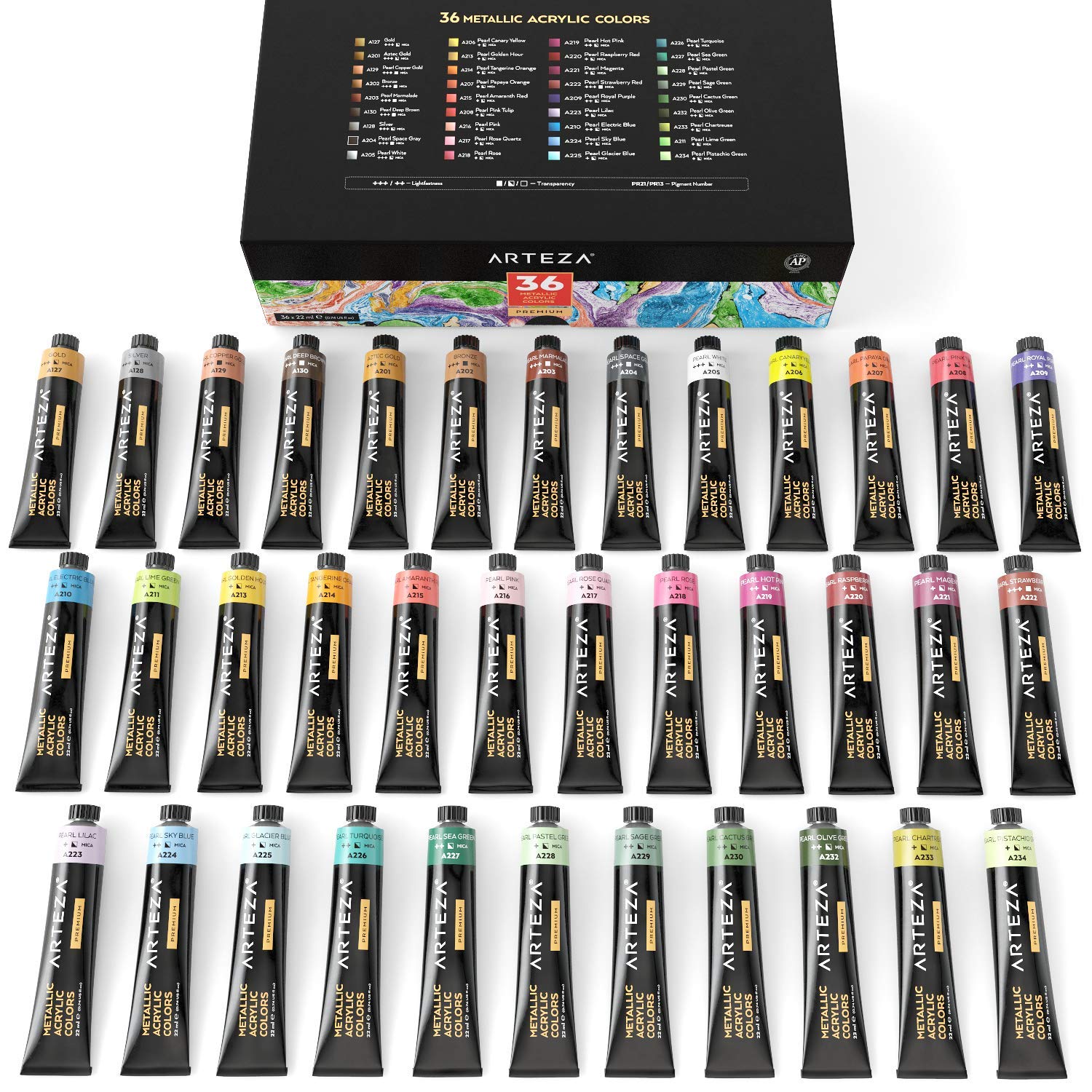 Arteza Metallic Acrylic Paint, Set of 36 Colours/Tubes (22 ml, 0.74 oz